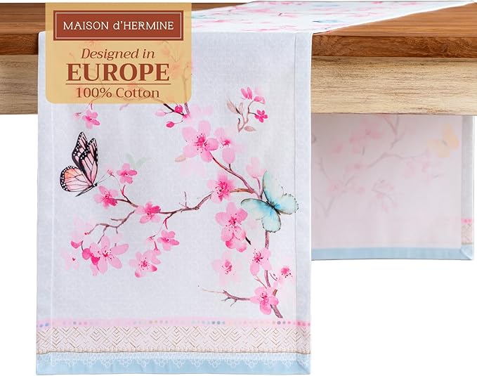 Maison d' Hermine Table Runner 100% Cotton Single Layer Table Runners 108 inches Long Decorative for Home Kitchen Dining Party Wedding Bridal Shower Spring Summer (Blossoms in Spring, 14.50" x 108")