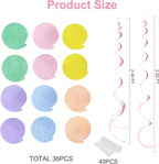 36 Pcs Pastel Hanging Swirl Decorations Pastel Color Felt Swirl Streamer Spiral Ceiling Decorations Garland for Macaron Colorful Birthday Wedding Baby Shower Easter Party Supplies