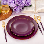 Liacere 150PCS Purple Plastic Plates - Gold Plastic Silverware with Purple Handle - Disposable Plates Include 30 Guests Plates, Forks, Spoons, Knives for Wedding&Father's Day&Independence Day