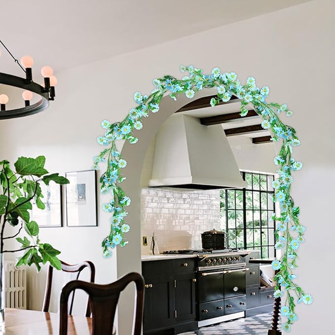 6.5Ft Artificial Blue Flower Garland Fake Daisy Floral Garland Hanging Flowers Silk Vines with Green Leaves for Backdrop Arch Wall Home Indoor Tiffany Blue Wedding Decor