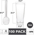 Ilyapa 3oz Plastic Dessert Cups - 100 Pack Mini Dessert Cups with Spoons - Clear Reusable Small Appetizer Cup for Cheesecake Shooters, Chocolate Mousse, Parfait - Party and Catering Supplies - Round