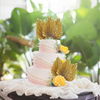 Ephlyn 6Pcs Paper Palm Leaves Fan Cake Toppers Palm Leaf Fan Cake Picks Craft DIY Fan Cupcake Toppers Palm Spear Leaves Cake Decorations for Baby Shower Wedding Birthday Party Supplies Bright Gold