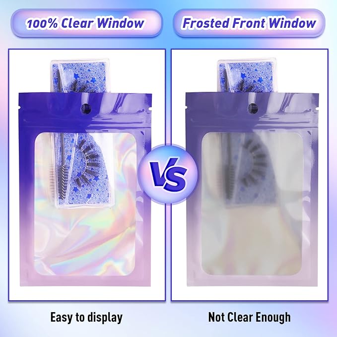 Funfery 100 Pack Gradient Holographic Bags,Mylar Resealable Bags with Zipper,Clear Window Packaging Pouchs,Foil Smell Proof Bag for Food Storage,Sample Jewelry Baggies(6.3x9.4In,Purple Pink)