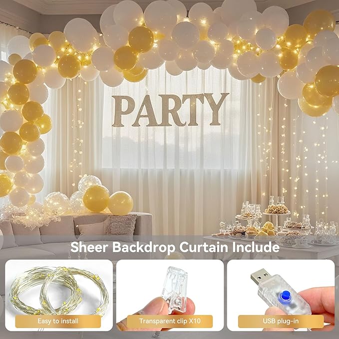 10×10ft Tulle Backdrop Curtains with Lights String - 300LED Fairy Lights Sheer Curtain Backdrop for Weddings Baby Shower and Birthday Party Decorations(4 Panels 5×10ft)