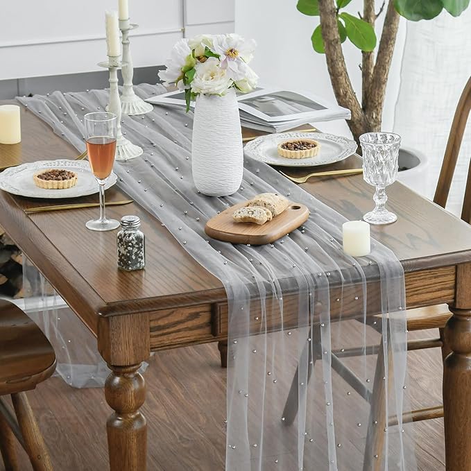 Artoid Mode Pearl Grey Gauze Table Runner 120 Inch 10FT, Seasonal Sheer Dining Holiday Wedding Birthday Baby Shower Table Decor for Home Party