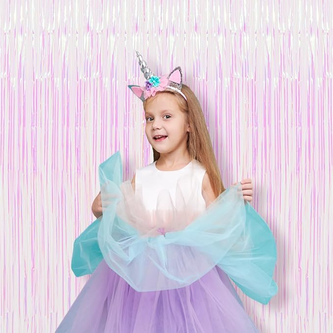 2 Pack Iridescent Tinsel Foil Fringe Curtains, Iridescent Party Decorations, Metallic Tinsel Party Streamers Backdrop for Mermaid Birthday Baby Shower Slumber Wedding Party Decorations