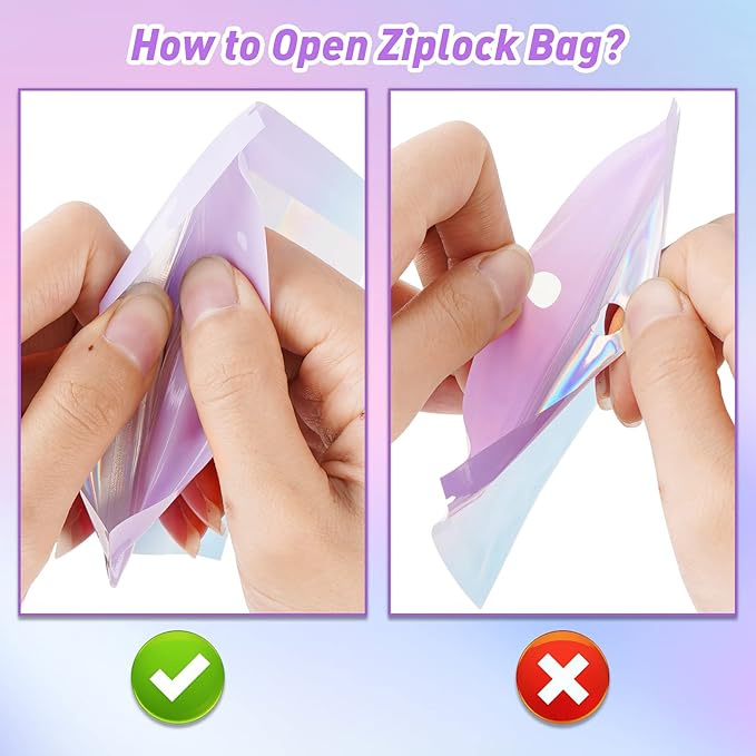 Funfery 100 Pack Holographic Bags,Resealable Bags with Zipper,Clear Window Packaging Pouch,Foil Bag for Food Storage,Sample Jewelry Bag(4.7×7In,Purple Blue)