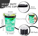 DaYammi 100 Pack Black Plastic Cups 10Oz Clear Disposable Cups with Black Rim, Clear Cocktail Cup Heavy Duty Disposable Wine Glasses Disposable Fancy Plastic Cups for Halloween Party