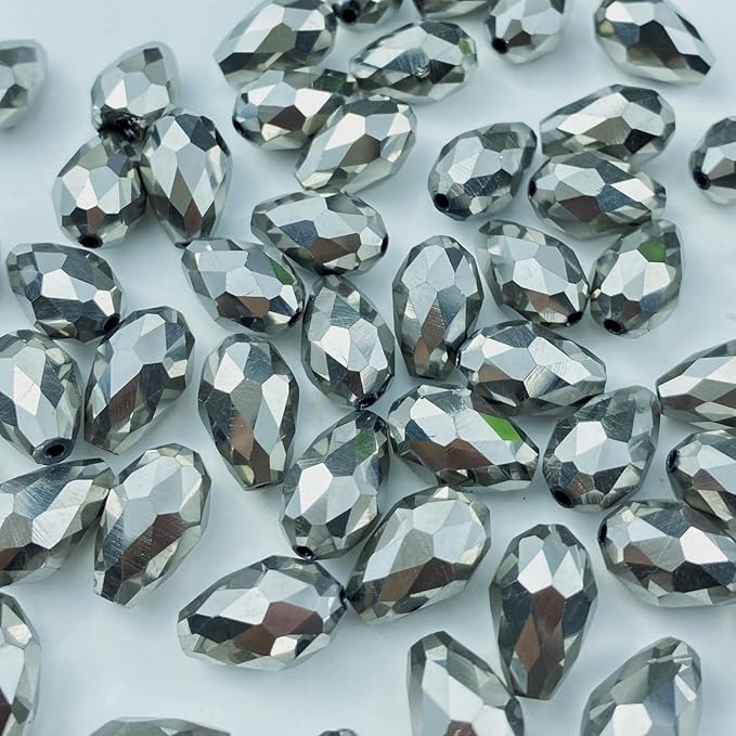 200pcs 4x6mm Teardrop Crystal Glass Beads Vertical Hole Faceted Glass Teardrop Spacer Beads for Bracelets Necklace Earring DIY Jewelry Making Craft(Silver)