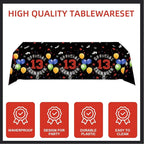 123pcs 13th Red and Black Party Decorations,Happy Birthday Banner Flags Paper,cups Straws Forks Cake Toppers Dessert plates Tablecloths and dinner plates,Officially a Teenager 13th Birthday Supplies