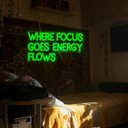 Where Focus Goes Energy Flows Neon Sign 16.5 * 9.1In Dimmale Green Light Up Sign for Wall Decor Led Words Neon Light for Bedroom Party Bar Personzalized Gift (USB Powered)