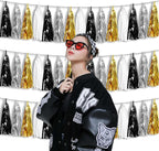 3P Metallic Fringe Tassel Banner Garland Foil Tinsel Streamer Wall Hanging Curtain Backdrop Banner for Parade Floats,Graduation Decorations, New Years Decorations,Father' Day(Black Gold Silver)