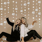 Silver 40th Birthday Decorations Number 40 Circle Dot Twinkle Star Garland Metallic Streamer Banner Backdrop for Women Mens Cheers to 40 Years 40 and Fabulous Happy 40th Anniversary Party Supplies
