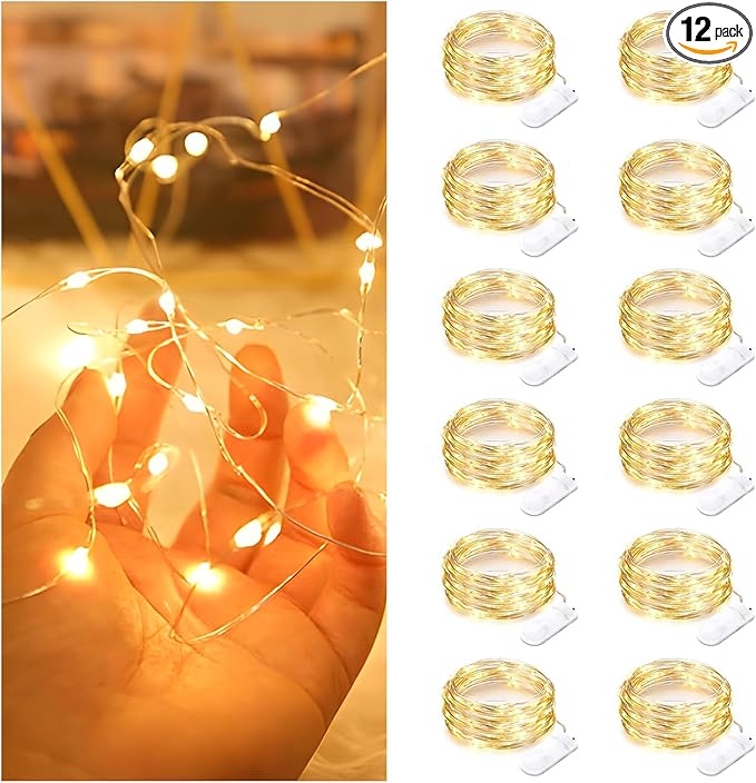 12 Pack Fairy Lights Battery Operated String Lights，7FT 20LED Waterproof Silver Wire Christmas Lights Outdoor,Firefly Mini Lights for Bedroom Party Birthday Wedding Home Decor