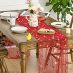 Artoid Mode 3PCS Red Embroidery Daisy Gauze Table Runner 120 Inch 10FT, Seasonal Sheer Dining Holiday Wedding Birthday Table Decor for Home Party