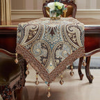 Luxury Vintage Design Table Runners 72 inches Long Embroidery Jacquard Fabric with Multi-Tassels Table Runners for Dining Room Dresser Wedding Holiday Party Fireplace Decorations (Coffee, 12X72inch)