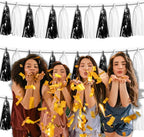 3P Black White Foil Fringe Tassel Banner Metallic Tinsel Streamer Garland Wall Curtain Backdrop for Parade Floats, Graduation, Halloween, Christmas, Father's Day Party Decorations
