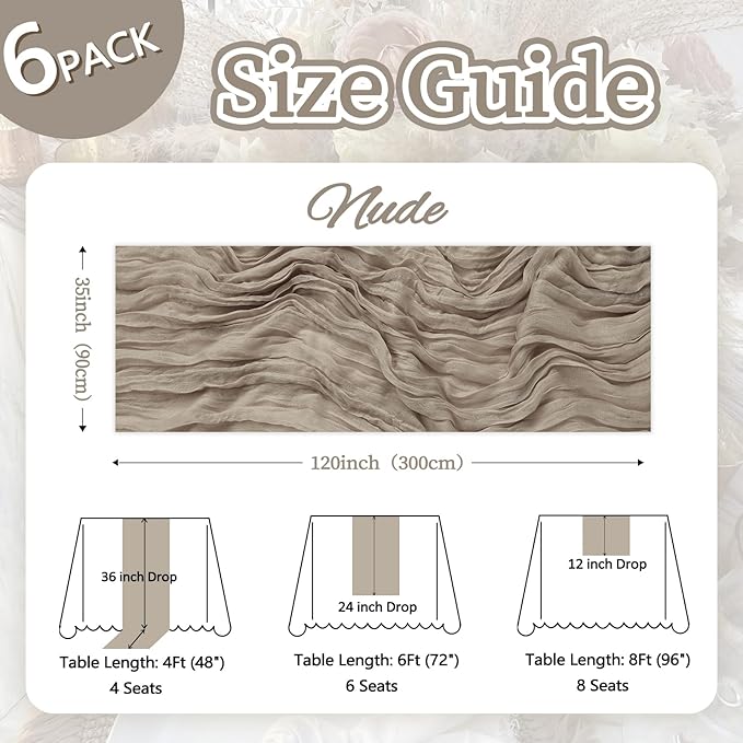 6 Pack Nude Cheesecloth Table Runner 10ft Boho Gauze Fabric Cheese Cloth Table Runner 35 x 120 Inch Rustic Sheer Runner for Romantic Wedding Decor Baby Shower Party Table Centerpiece Decoration