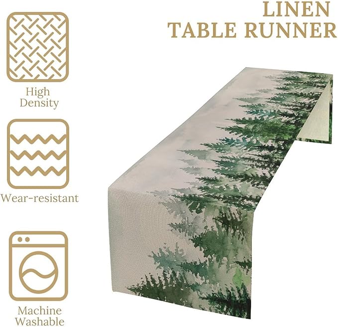 Foggy Forest Table Runner,Green Forest Natural Landscape Table Runner for Kitchen Dining Table Home Party Decoration 13x72 Inch