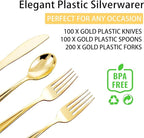 NOCCUR 400PCS Gold Plastic Silverware - Gold Plastic Cutlery Include 200 Forks, 100 Spoons, 100 Knives, Disposable Silverware Perfect for Party&Daily Using