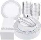 Festiva 350PCS Silver Plastic Dinnerware Set - Disposable Lace Silver Plates and Napkins Party Supplies - include plates,napkins,cups,silverware - Serve for 50 Guests Party&Wedding