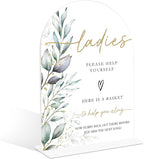 Acrylic Wedding Signs, Greenery Theme Ladies Please Help Yourself Sign, Bridal Shower Table Decor with Stand, Wedding Bathroom Basket Supplies for Engagement, Anniversary, Newlywed Event and Party, 07