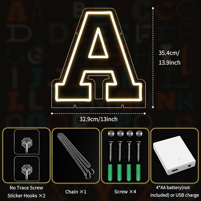 Light Up Letters A, Led Marquee Letter Lights Neon Sign, 13.9" Height Decorative Lighted Alphabet Number, Battery/USB Powered Led Letters Lights for Wedding, Birthday, Party, Christmas or Home Decor