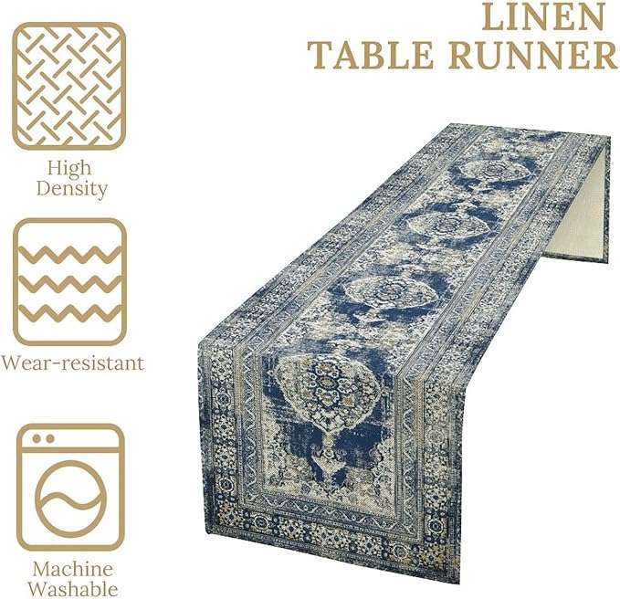 Vintage Boho Floral Table Runner, Rustic Country Farmhouse Blue Teal Retro Flower Pattern for Home Kitchen Table Decor Dining Coffee Room Party Decor 13x120in