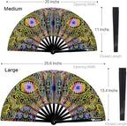 UV Glow Rave Fan, Bamboo Folding Clack Hand Fans Foldable for Men Women, Boots on the Ground Poping Fan for EDM Festival Line Dance Decoration, (Space Psychedelic, Medium 11")
