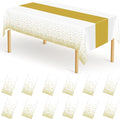 QZYL 12Pack Table Cloth Rectangle Tables, 54" x 108" Disposable Party White Table Cloths with Gold Dot, Waterproof Table Covers for Birthday Outdoor Wedding New Year Eve Birthday Decorations Supplies