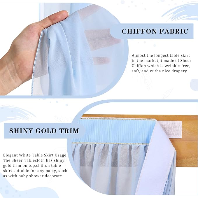 QueenDream 6ft Baby Blue Chiffon Table Skirt for Rectangle Table Sheer Tablecloth for Baby Shower Wedding Birthday Mermaid Theme Party