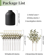 BLOSMON Fake Flowers in Vase for Centerpieces: Metal Vase with 12 Stems of Artificial Mums Kiku Flowers Eucalyptuses Home Table Decor - White Faux Pom Poms Floral Arrangements for Living Room