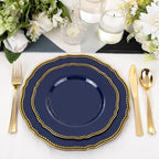 Hioasis 60pcs Blue Plastic Plates - Blue and Gold Disposable Dinnerware with Gold Rim, Heavy-duty, 7.5 inch, Dessert Plates for Party & Wedding