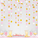Gold and Pink Party Decorations Circle Dots Garland Metallic Gold Light Pink and White Hanging Polka Dot Streamer for Women Girl Birthday Baby Shower Bridal Shower Wedding Princess Party Supplies
