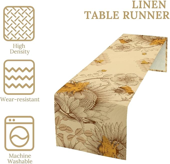 Vintage Bee Table Runner, Rustic Retro Wildflowers Print Home Farmhouse Table Cover for Party Indoor Outdoor Decoration Kitchen Dining Table Decor, 13x60inch
