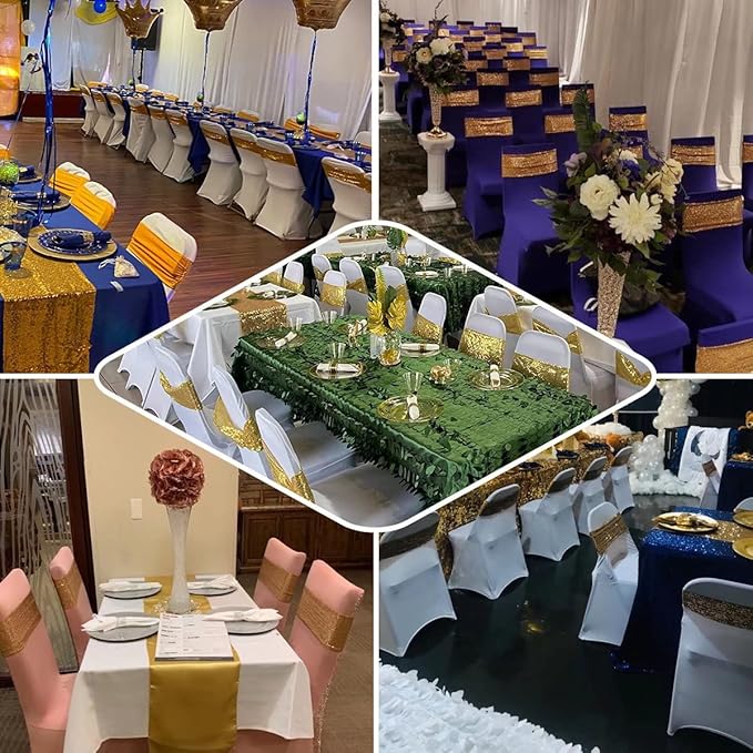 10 Pcs Chair Sashes Sequin Stretch Chair Bands Spandex Polyester Bows for Party Hotel Wedding Banquets Decoration -Silver