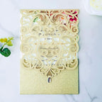 Hosmsua 50PCS Personalized Wedding Invitations Kit 5.12 x 7.3 Laser Cut Hollow Rose Rhinestone Pocket with Envelope for Wedding Quinceanera Invite (Champagne Gold Glitter)