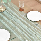 Joanlody Fall Pearl Table Runner 10ft Rustic Boho Tulle Table Runner with Pearls for Baby Shower Wedding Party Veil Dessert Thanksgiving Table Decor Sage Green