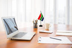 South Africa South African Deluxe Desk Flag Set Small Mini Miniature South Africa South African Table Desktop Flags With Solid Pole, Black Base and Spear Top(2 Pack)