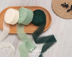 Ribbli Green Ribbon 1 Inch x 3 Rolls Total 24 Yards Ivory/Sage/Forest Green Handmade Fringe Chiffon Silk Ribbon for Wrapping Wedding Invitations Bridal Bouquets DIY Crafts Home Decor