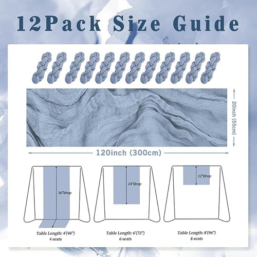 12 Pack Dusty Blue 10FT Cheesecloth Table Runner Rustic Gauze Fabric Cheese Cloth Table Runner for Wedding Bridal Baby Shower Table Decor 20 x 120 Inch Long Boho Sheer Birthday Party Table Decorations
