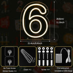 Number 6 LED Neon Sign Backdrop Birthday Party Decoration, 11.3" 11.3" Height Warm White Marquee Six Numbers Light Up Sign for Wedding Anniversary Window Wall Table, Indoor Battery Operated or USB