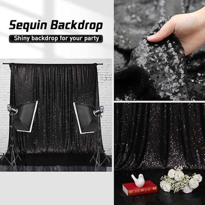 Eternal Beauty Black Sequin Backdrop, 8x10 Ft Halloween Glitter Background Curtains for Shimmer Photography Party Wedding Birthday Back Drop Decor