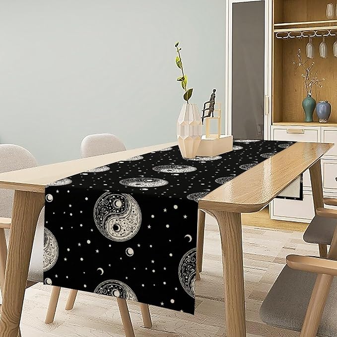 Mystical Celestial Table Runner, Vintage Bohemian Black Yin Yang Symbol Moon Stars Print Table Runner for Office Kitchen Dining Wedding Party Home Coffee Table, 13x108inch