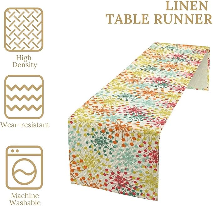 Mid Century Flower Table Runner, Colorful Geometric Abstract Chrysanthemum Vintage Farmhouse Decorations Orange Yellow Gray Table Runner for Kitchen Dining Holiday Party Decor, 13x60 Inch