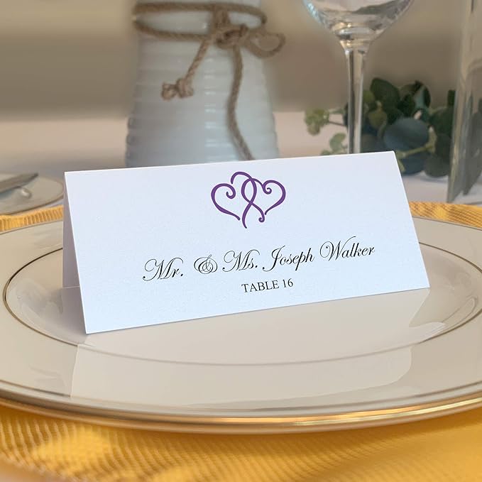 Linked Hearts Printable Place Cards, Purple (Choose Color), Set of 150 (25 Sheets), Laser & Inkjet Printers - Wedding, Party, Dinner, and Special Events - Made in the USA