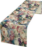 Vintage Floral Table Runner,Girls Women Rose Romantic Leaf Botanical Watercolor Pattern Print Burlap for Hotel Indoors Outdoor Dining Room Kitchen Holiday Party, 13x60in