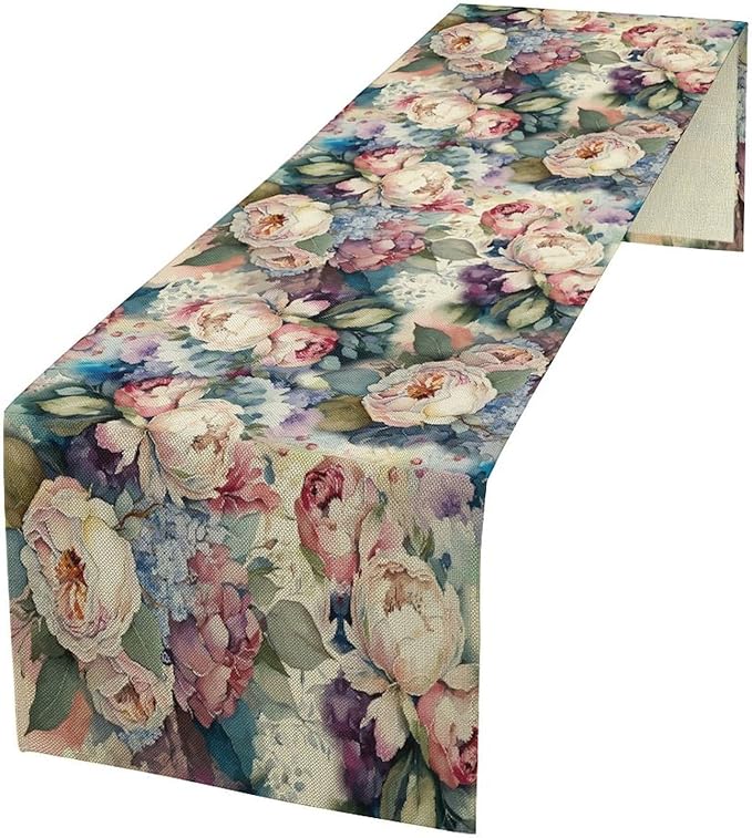 Vintage Floral Table Runner,Girls Women Rose Romantic Leaf Botanical Watercolor Pattern Print Burlap for Hotel Indoors Outdoor Dining Room Kitchen Holiday Party, 13x90in
