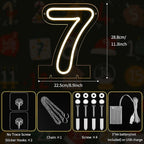 Number 7 LED Neon Sign Backdrop Birthday Party Decoration, 11.3" Height Warm White Marquee Numbers Seven Light Up Sign for Wedding Anniversary Window Wall Table, Indoor Battery Operated or USB
