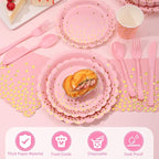 175 Pink Rose Gold Plates Napkins Party Decorations, Pink and Gold Disposable Party Supplies, Plastic Forks Knives Spoons Rose, Golden Dot Paper 9 Inch for Baby Shower Birthday, Severs 25